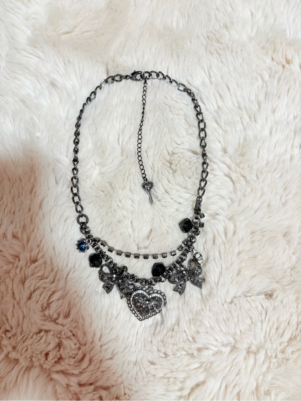 Betsey Johnson Gunmetal Rhinestone Heart & Bow Charm Necklace
